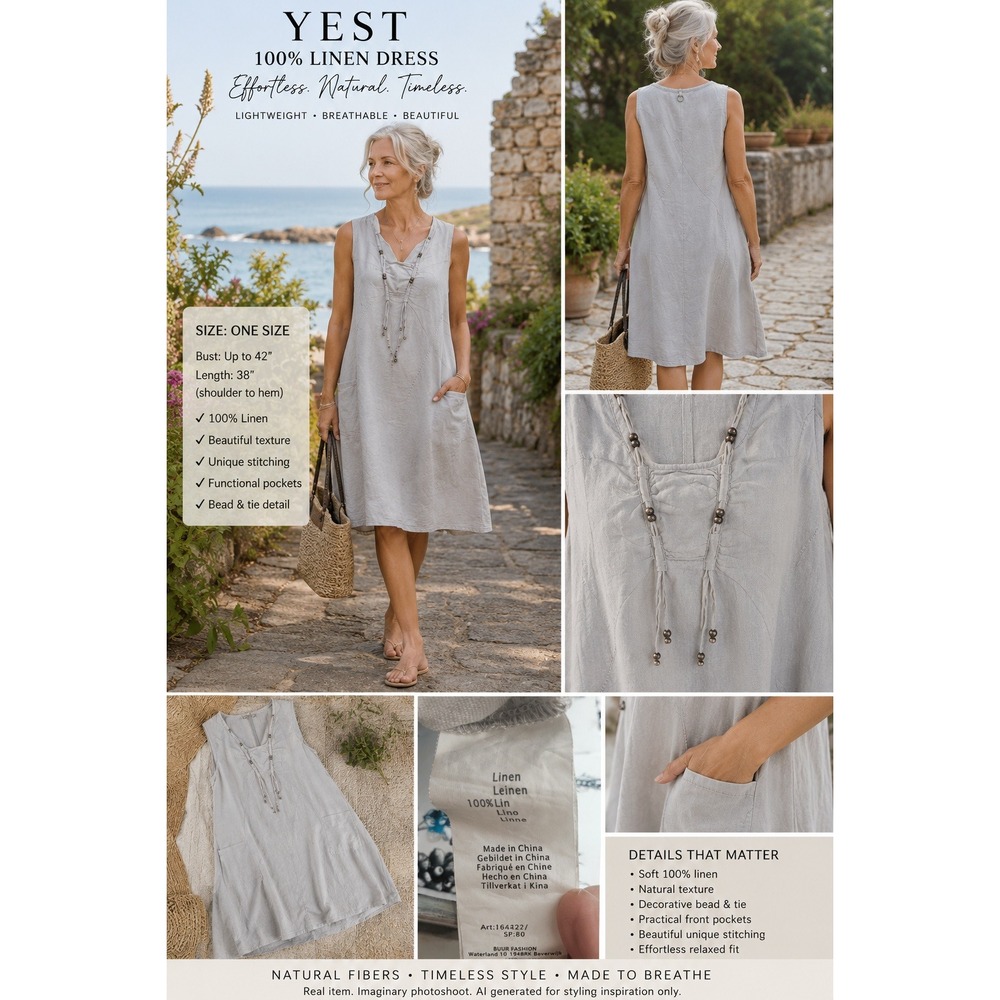 Yest 100% Linen Gray Sleeveless Pocket Dress Size 12 Lagenlook Coastal Midi